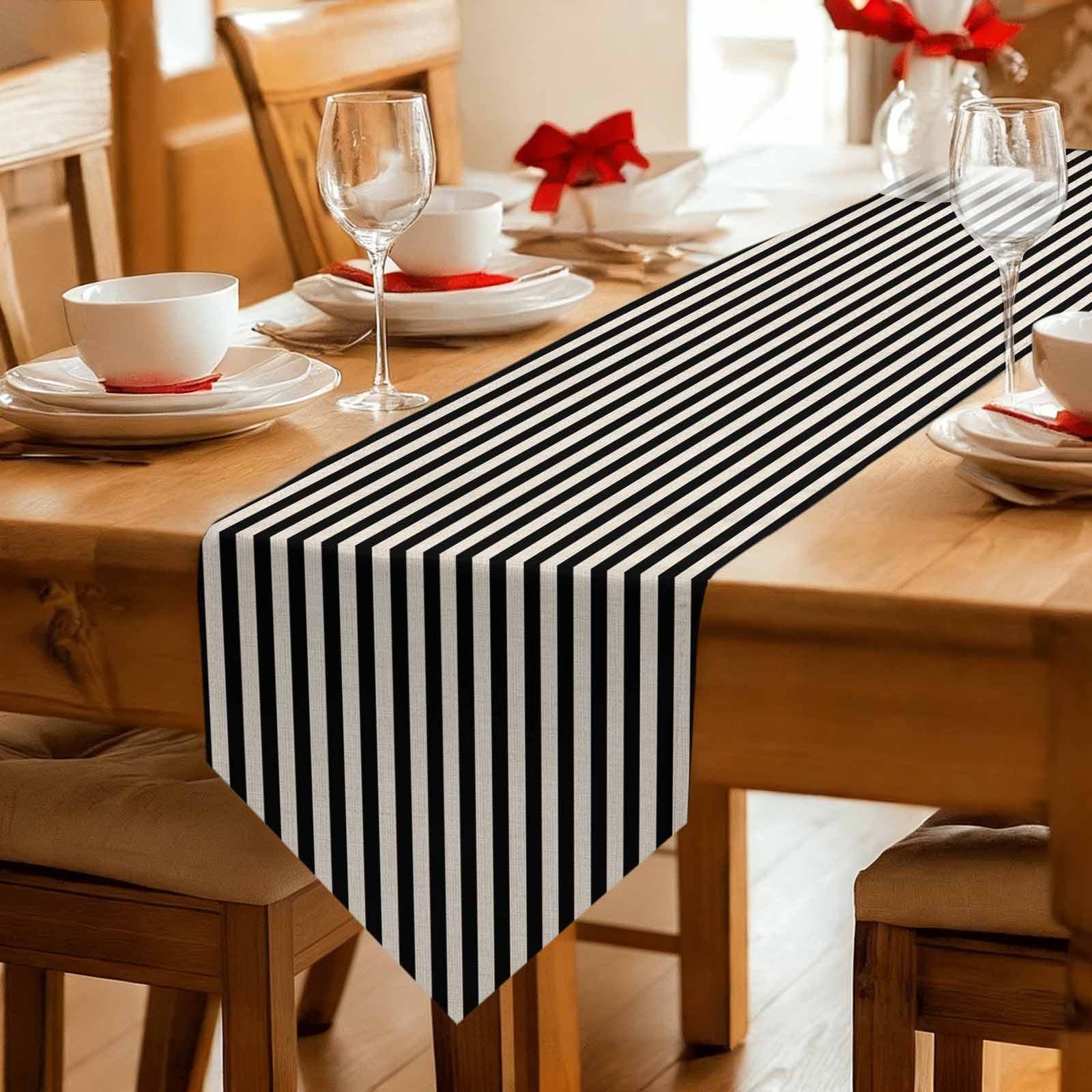 Black Striped Table Runner Linen Burlap Table Runner 90 Inches Long Modern Simple Farmhouse Beige Vintage Dresser Scarves for Kitchen Island Coffee Dining Room Party Wedding Holiday Decor 13"x90"