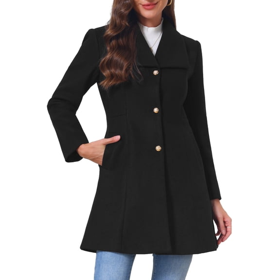 INSPIRE CHIC Women's Elegant Single Breasted Pea Coat Long Sleeve Winter Warm Coats Lapel A-Line Overcoat Work Office Outerwear XS Black