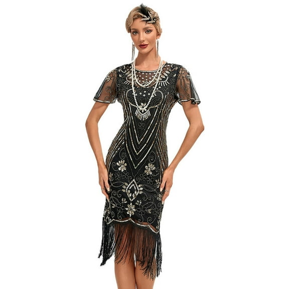 IDOPIP 1920s Flapper Dresses for Women Great Gatsby Dresses Sequin Fringed Roaring 20s Cocktail Dress