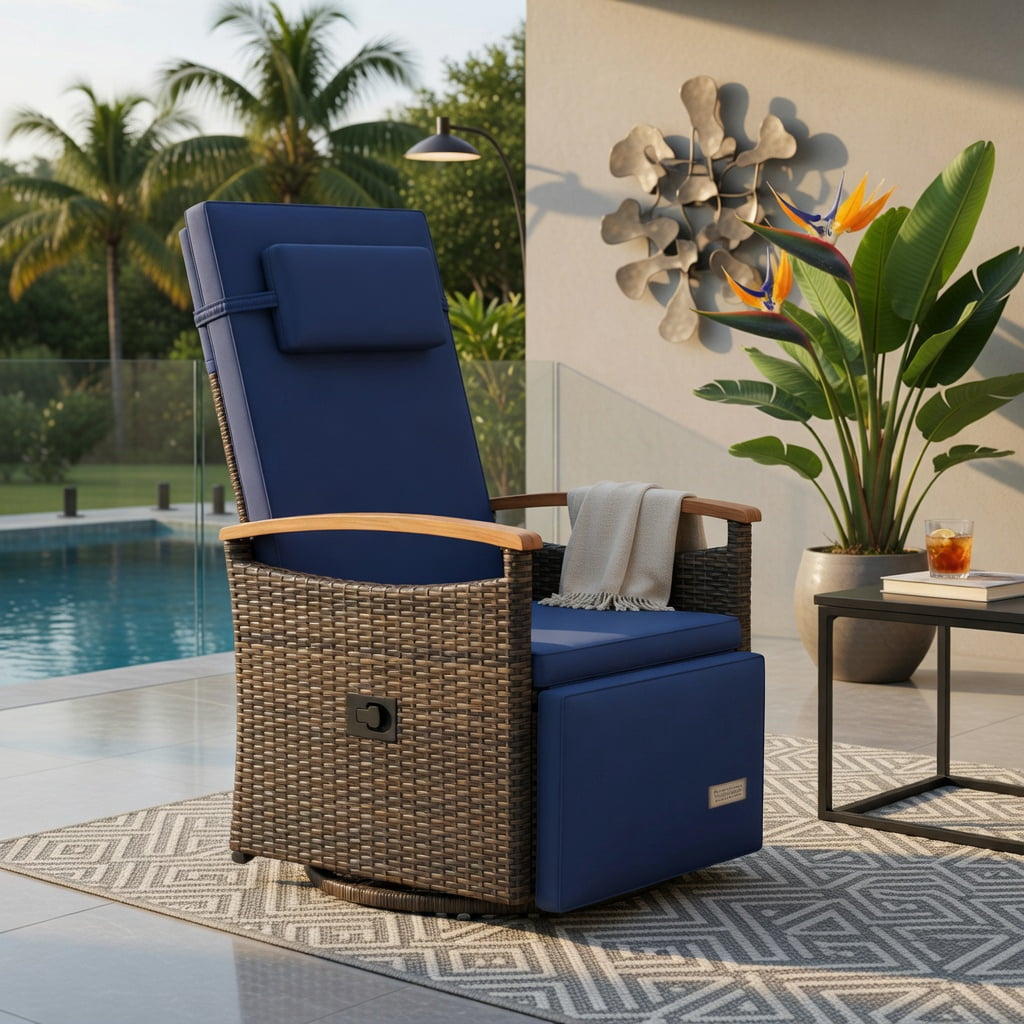 Hommoo 360° Swivel Rattan Recliner Chair with Adjustable Backrest & Footrest, Cushion, PE Wicker, Acacia Wood Frame, Outdoor Patio Lounge Chair, Navy