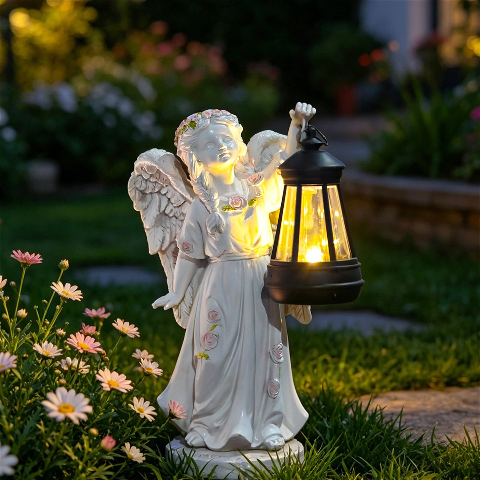 9" Angel Garden Statue with Solar Powered Lantern, Resin Outdoor Sculpture for Yard Art, Garden Decorations Memorial Gift Decor for Patio Porch Walkway, A