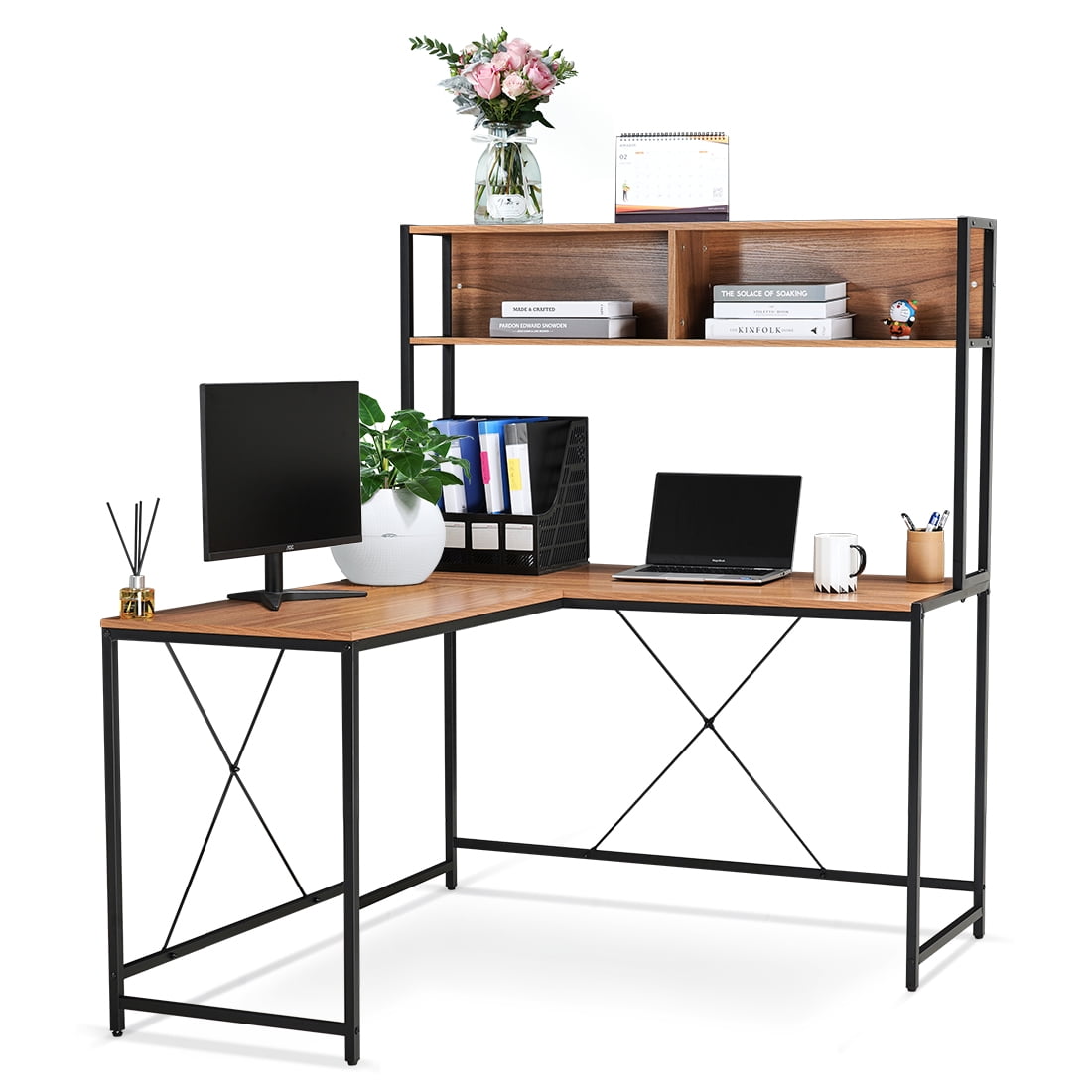 LIFEFAIR L Shaped Desk with Storage, Corner Desk with Hutch for Home