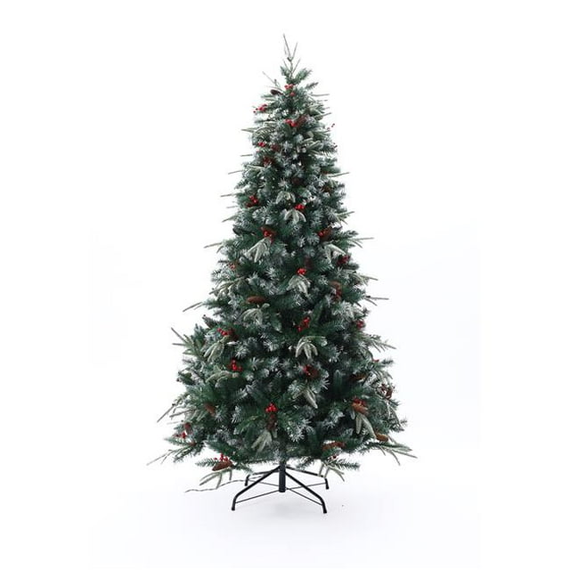 LuxenHome WHAP1652 7 Pi Pré-Éclairé A Mené l'Arbre de Noël Artificiel de Pin Plein avec des Pommes de Pin et des Baies Rouges de Houx