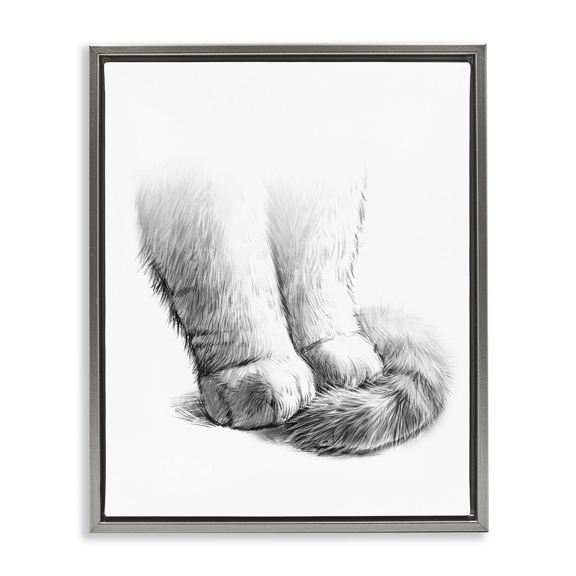Stupell Industries Fluffy Cat Paws Tail Curled Monochrome Drawing Luster Gray Framed Floating Canvas Wall Art, 24x30, by Ziwei Li
