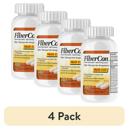 (4 pack) FiberCon Fiber Therapy Coated Caplets, Safe, Simple & Comfortable Insoluble Fiber for Bowel Irregularity, Comfortable Constipation Relief with No Gas or Bloating, 140 Caplets