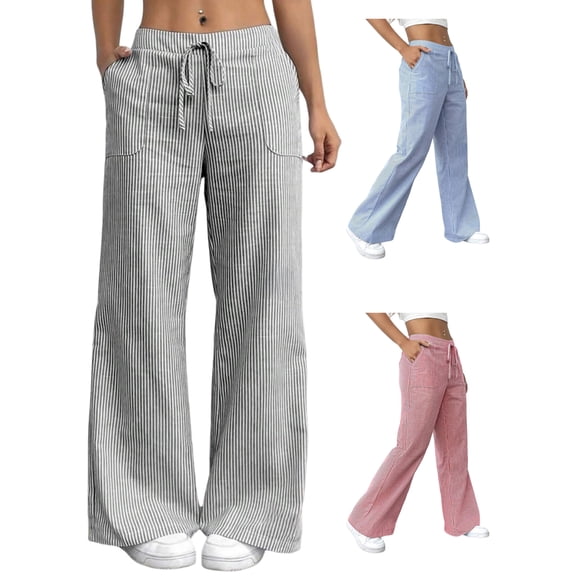 Tawop Striped Pants for Women Cotton Linen Pants Drawstring Open Bottom Pants with Pockets ,Gray ,XL