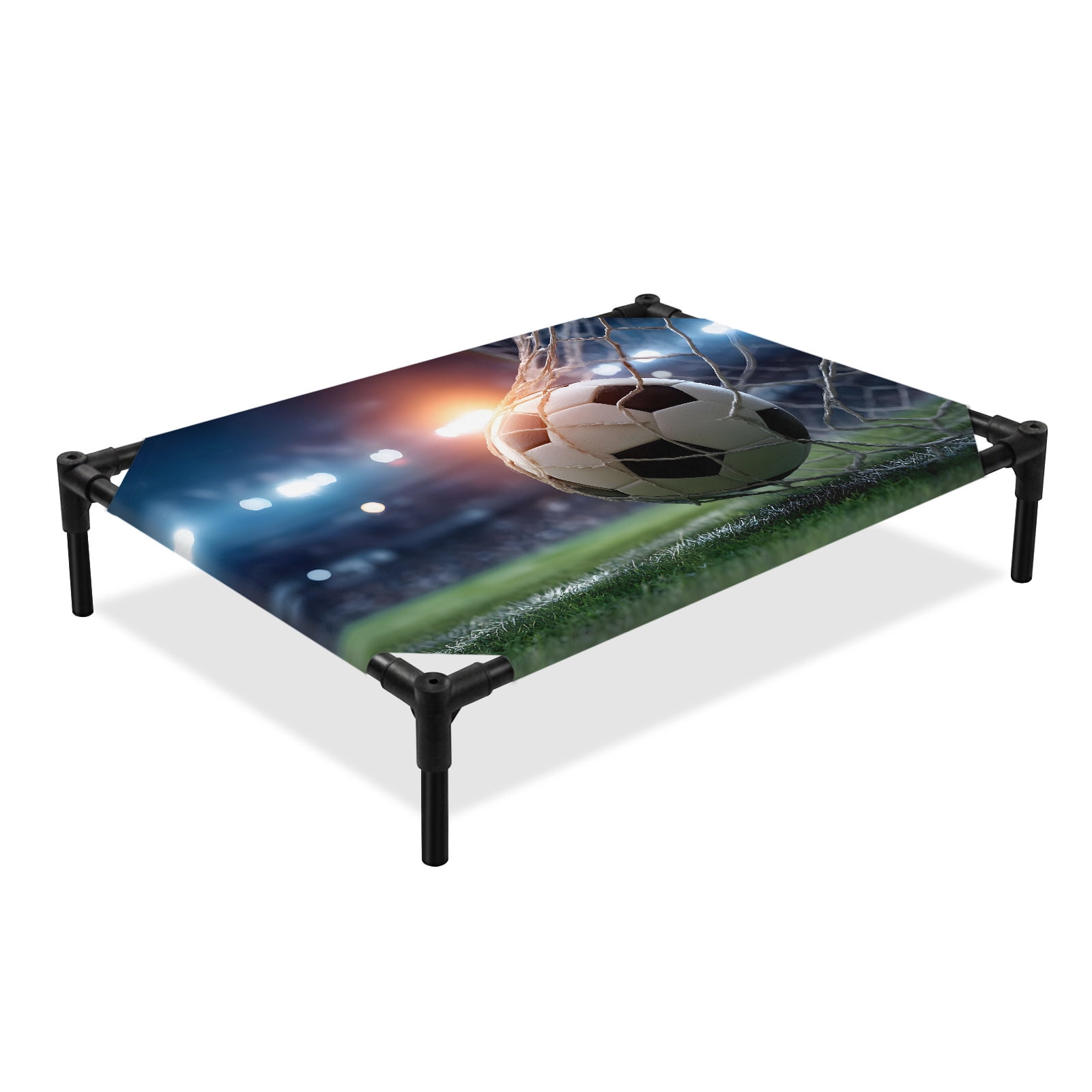 Football Match Elevated Dog Bed Evening Match Dramatic Realistic Soccer Sport Green Grass Cooling Breathable Outdoor Raised Dog Cot Bed with Metal Frame Non-Slip Feet for Large Dog 28x22in