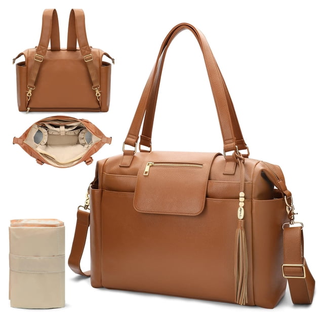 Mochila de piel Omanmoli Tote para pañales con 14 bolsillos, color marrón