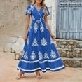 thumbnail image 5 of Wedding Guest Dress Plus Size, Women's Summer Print Pocket Short Sleeved Dress With Flowing Beach Dress(Blue,L), 5 of 9