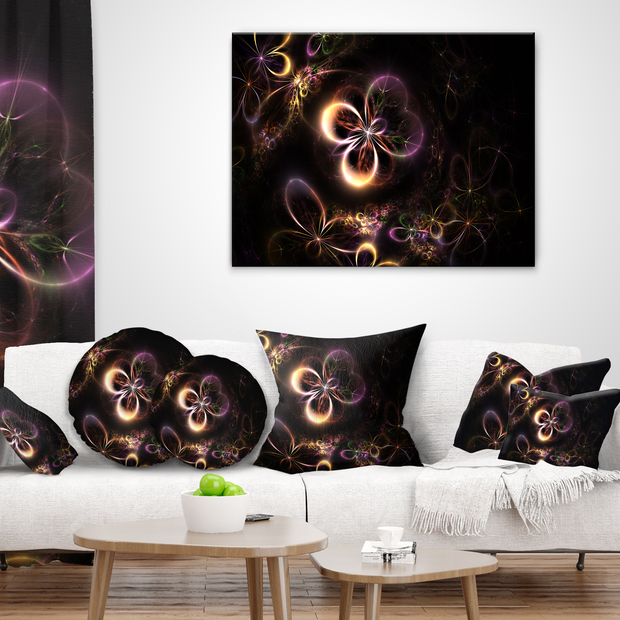 Designart Glowing Small Fractal Flowers - Abstract Throw Pillow - 12x20