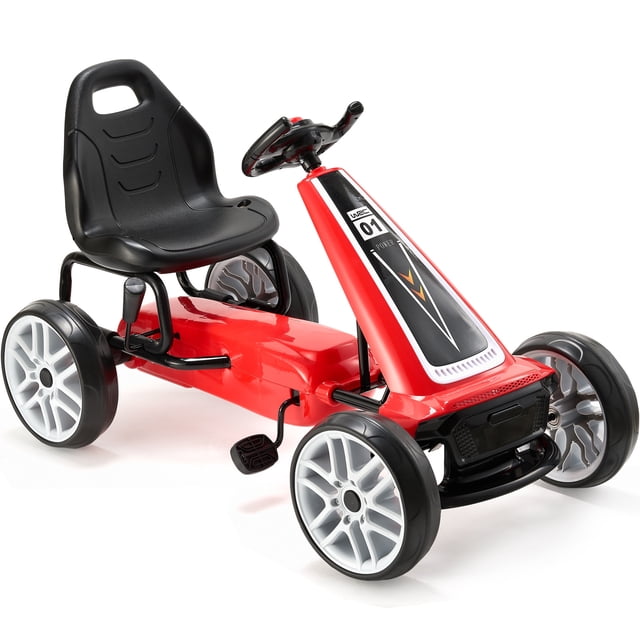 KFFKFF Kart à Pédales 4 Roues Jouet pour Enfants Siège Réglable Frein à Main Rouge