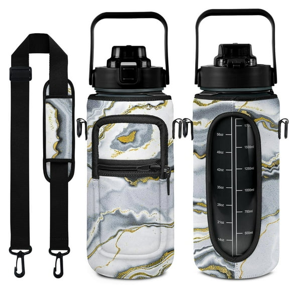 Gray&gold Marble 64 Oz Half Gallon Water Bottle with Sleeve BPA Free Leakproof Sport Large Plastic Water Bottle with Straw &Time Marker & Insulated Neoprene Holder Carrier Bagt Gift for Women Men