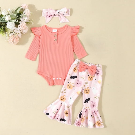 TIREOW Newborn Baby Girl Halloween Bell Bottom Outfit Long Sleeve Ribbed Solid Color Romper Pumpkin Print Flared Pants with Bow Headband 3Pcs Fall Clothes