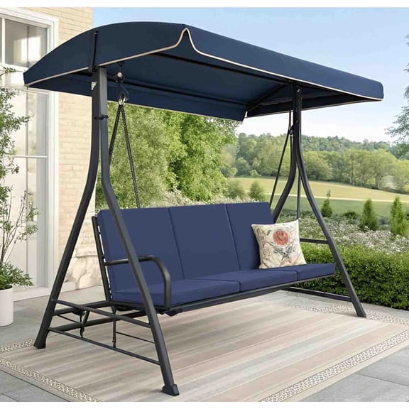 3 Seat Outdoor Porch Swing Cushions, Waterproof Swing Cushions Replacement with Anti-Slip Design, Fade-Resistant Porch Bench Cushion Liner and Cover 3 in 1 for Outdoor Patio Garden(Navy Blue)