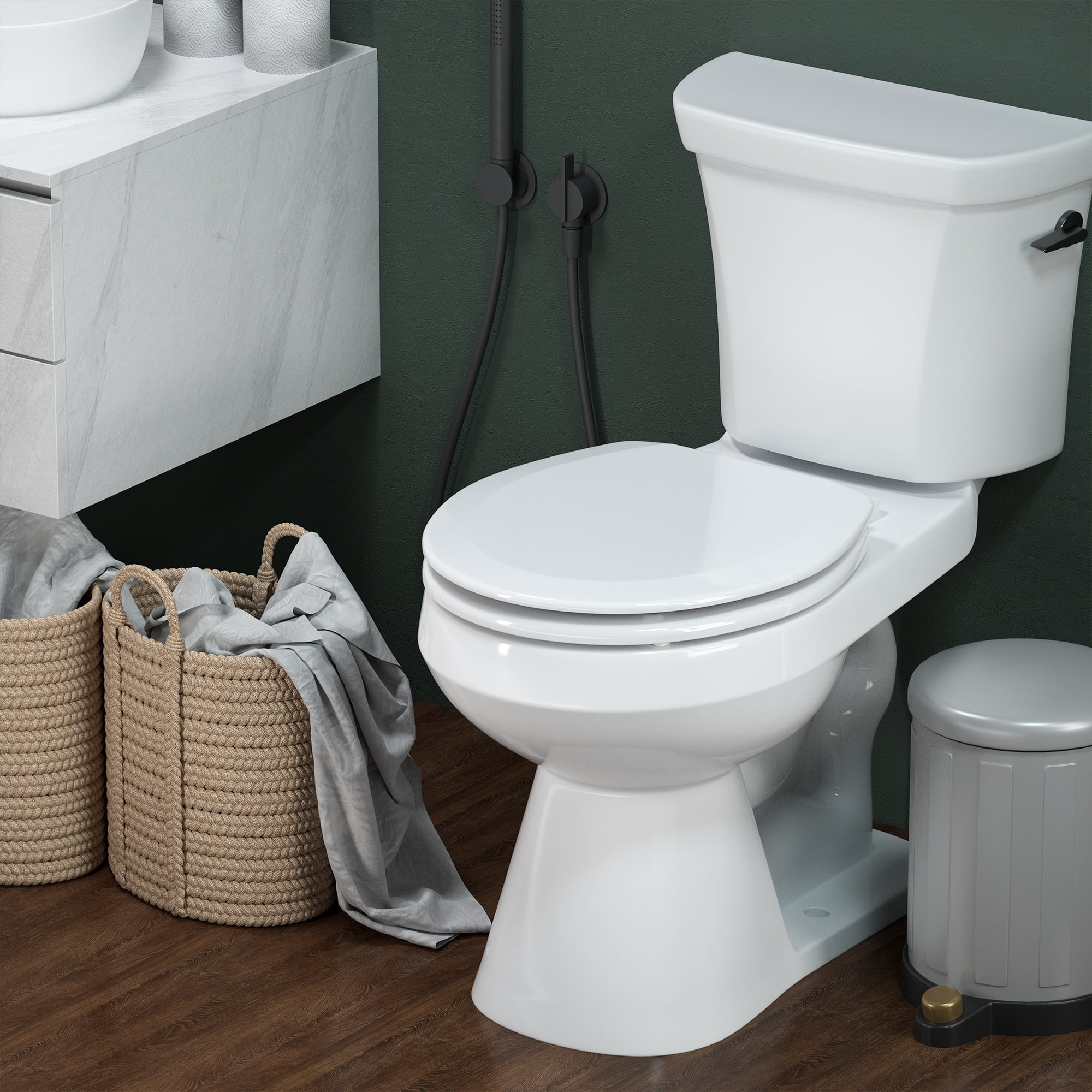 Angol Shiold Wood Toilet Seat with Non-Slip Adjustable Hinges, Quiet-Close ( White, Round 16.5'' )