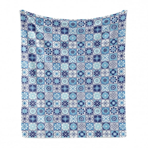 Azulejo Soft Flannel Fleece Throw Blanket, Folkloric Portuguese Pattern with Floral Motifs in Squares, Cozy Plush for Indoor and Outdoor Use, 50" x 70", Dark Sky Blue Sky Blue, by Ambesonne