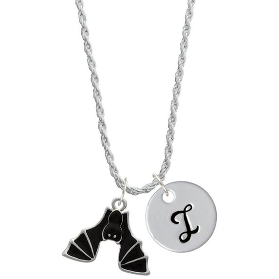 Delight Jewelry Silvertone Hanging Bat Silvertone Script Initial Disc - I - Charm Necklace, 20"+3"
