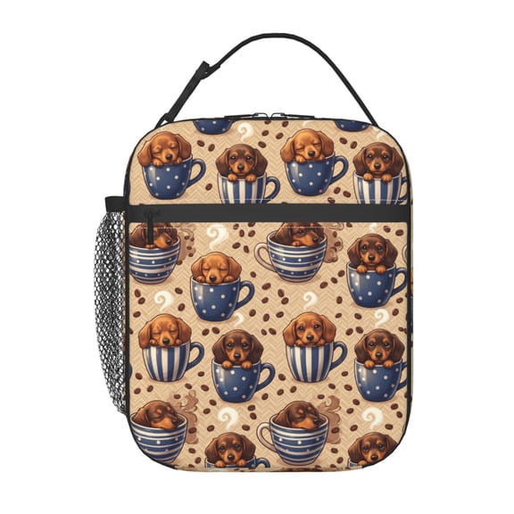 Dachshund Dog Lunch Bag Sausage Dog Print Handheld Portable Reusable Cooler Tote Front Pocket Work Office Commute Daily Food Container