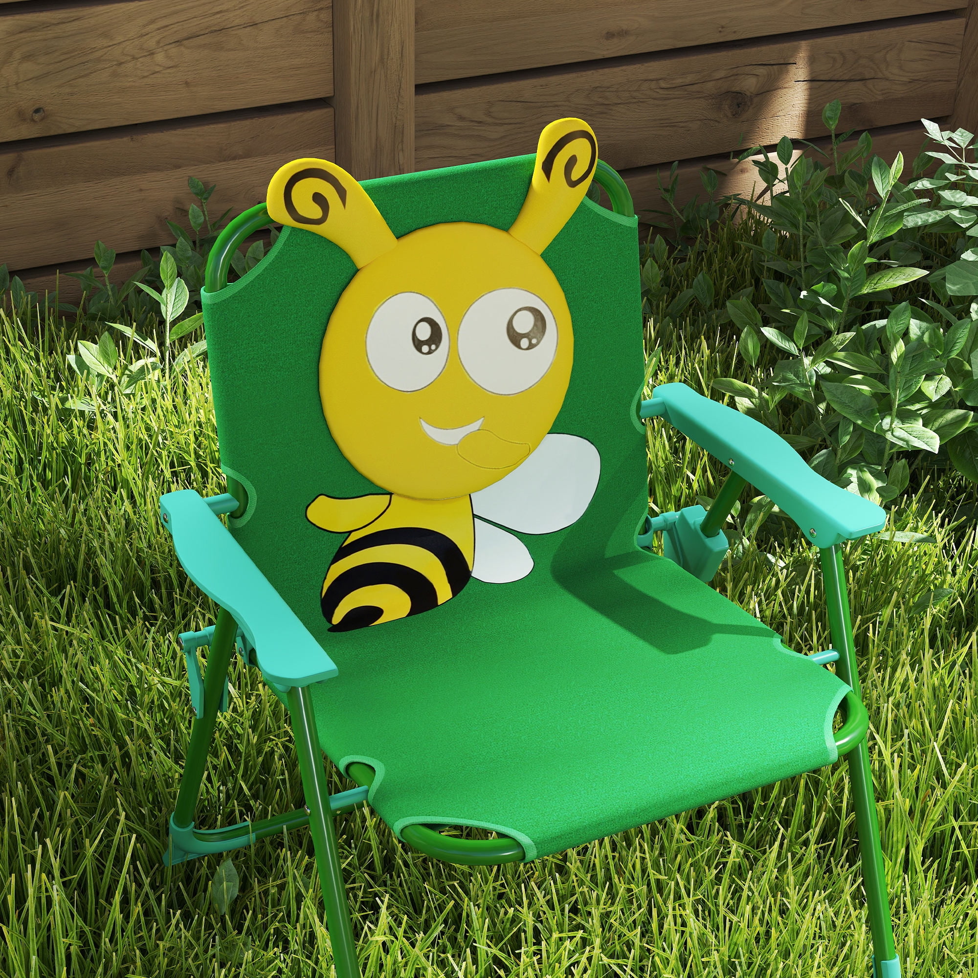 Qaba Kids Picnic Table and Chair Set, Bee Pattern Outdoor Activity Table with Foldable Chairs, Height Adjustable Umbrella for Backyard, Garden, Green