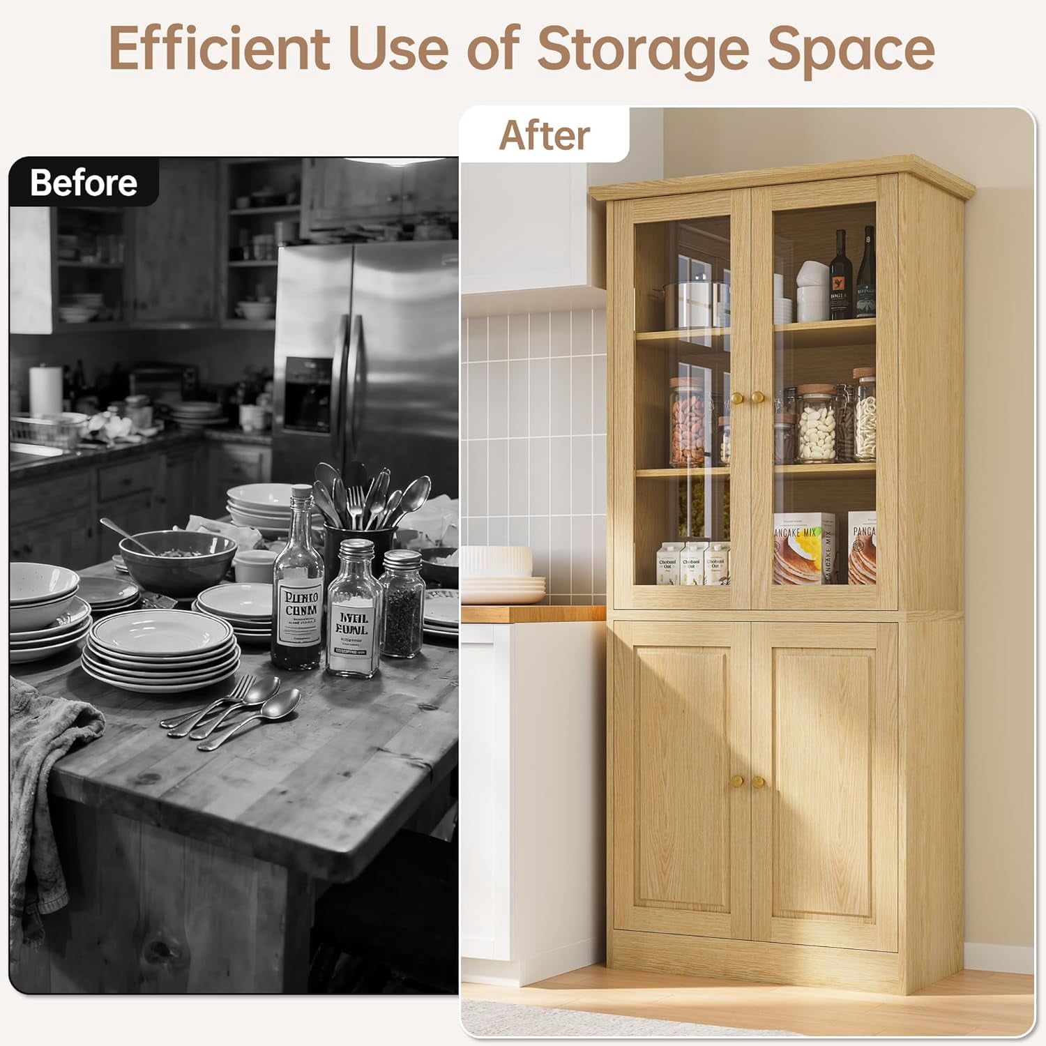 SELOOYE Kitchen Pantry Cabinet, 71" Modern Glass Display Cabinet with Wood Doors, Tall Storage Cabinet with Adjustable Shelves, Freestanding Cupboard for Living Room, Dining Room, Kitchen, Natural
