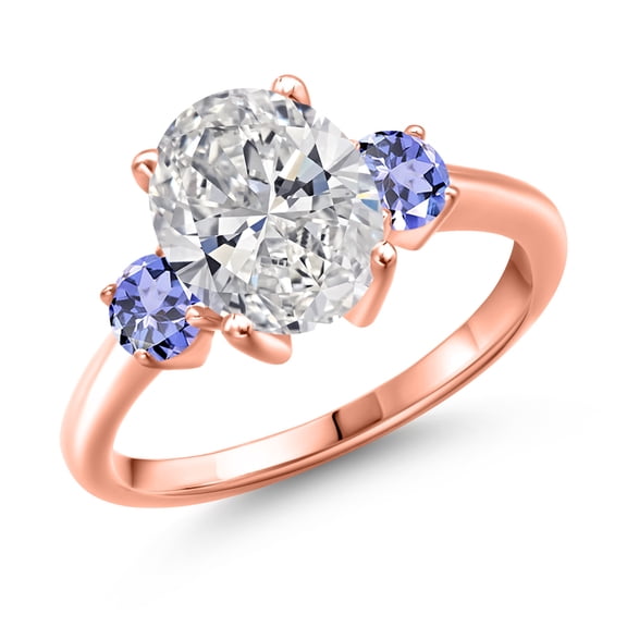 2.60 cttw IGI Certified Lab Grown Diamond and Blue Tanzanite 3-Stone Engagement Ring for Women | 18K Rose Gold Plated Silver | Center 2.00 Ct Diamond | E-F Color | VS1-VS2 Clarity | Size 7