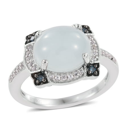 Platinum Plated 925 Sterling Silver Oval Milky Blue Aquamarine Zircon Diamond Ring