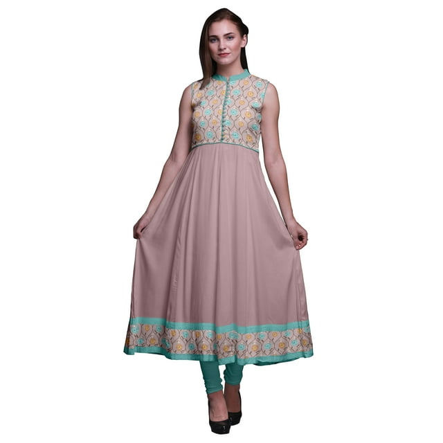 Bimba Kurti Indien Long Floral Rose pour Femmes Tenue de Soirée Robe Anarkali Kurti Sans Manches Imprimée TG