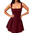 thumbnail image 3 of Women'S Sleeveless Square Neck Adjustable Straps Tie Back A-Line Mini Party Club Dress Wine Red L, 3 of 9