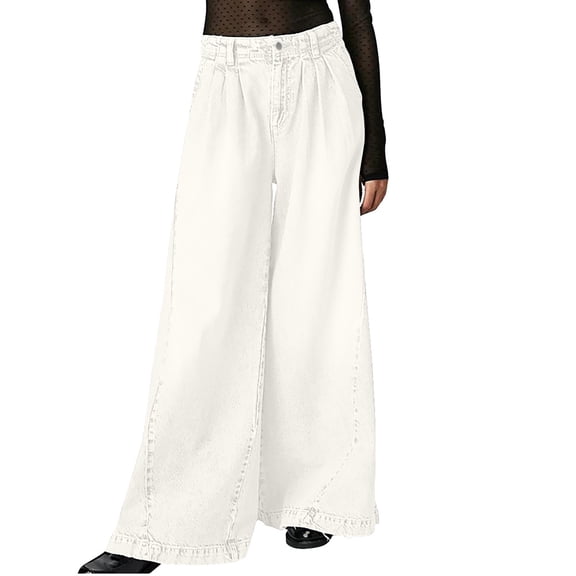 Womens Denim High Waisted Wide Leg Jeans Loose Button Closure Belt Loops Trousers with Pockets Trendy Casual Vacation Pants Beige