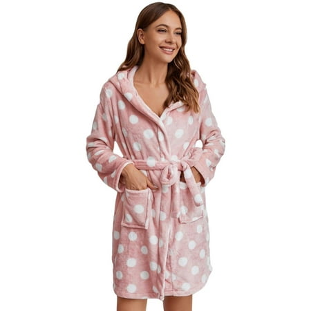 

Ladies Soft Plush Hooded Bathrobe Polka Dot Fluffy Sleepwear Long Faux Fur Fleece Bathrobe
