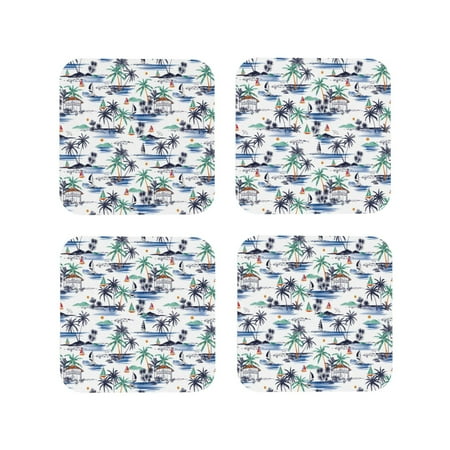 

Leather Coasters Set of 4 - palm tree island Lightweight Non-Slip Drink Coasters for Desk Anti-Scalding Desk Cup Coasters for Office Table Decor Square