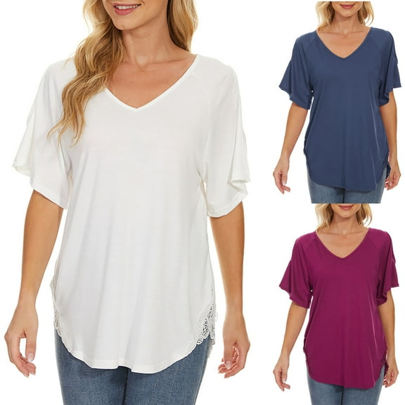 Elainilye Fashion Shirts Women Casual Off The Shoulder Lace Regular Fit Short Sleeve Tops V-Neck Shirt Tops,White