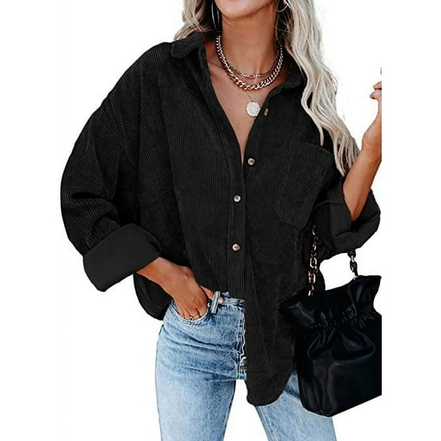 Women Corduroy Long Sleeve Button Down Shirt Oversized Jacket Tops