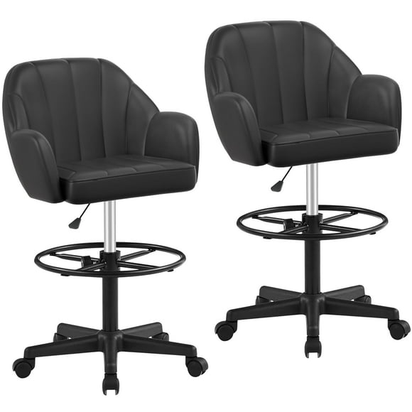 VECELO Home Office Desk Chair with Height Adjustable Seat and Footrest Ergonomic PU Standing Swivel Stool with Back and Arm