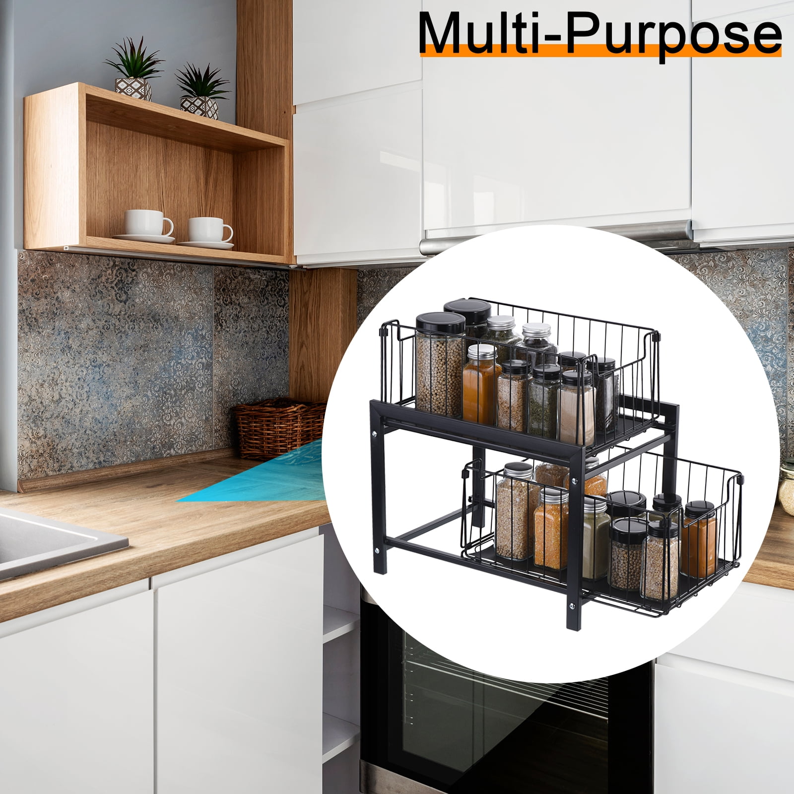 Unique Bargains 2-Tier Under Sink Rack Organizer w Slide-Out Drawer for Kitchen Bathroom