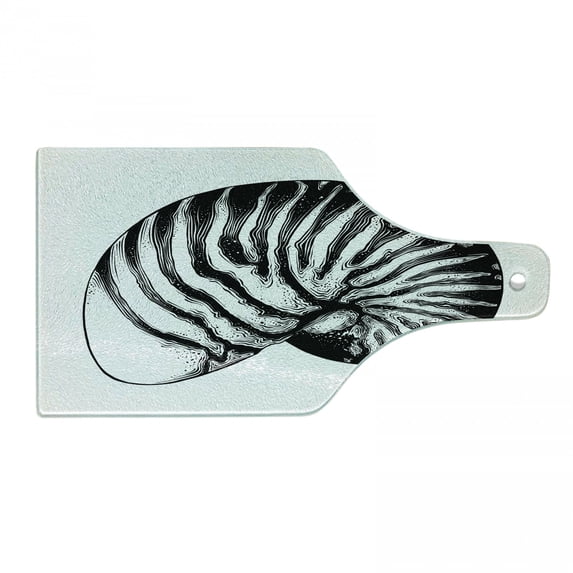 Vintage Nautical Tattoo Cutting Board, Detailed Vintage Sketch of Nautilus Shell Plain Background, Decorative Tempered Glass Cutting and Serving Board, in 3 Sizes, by Ambesonne