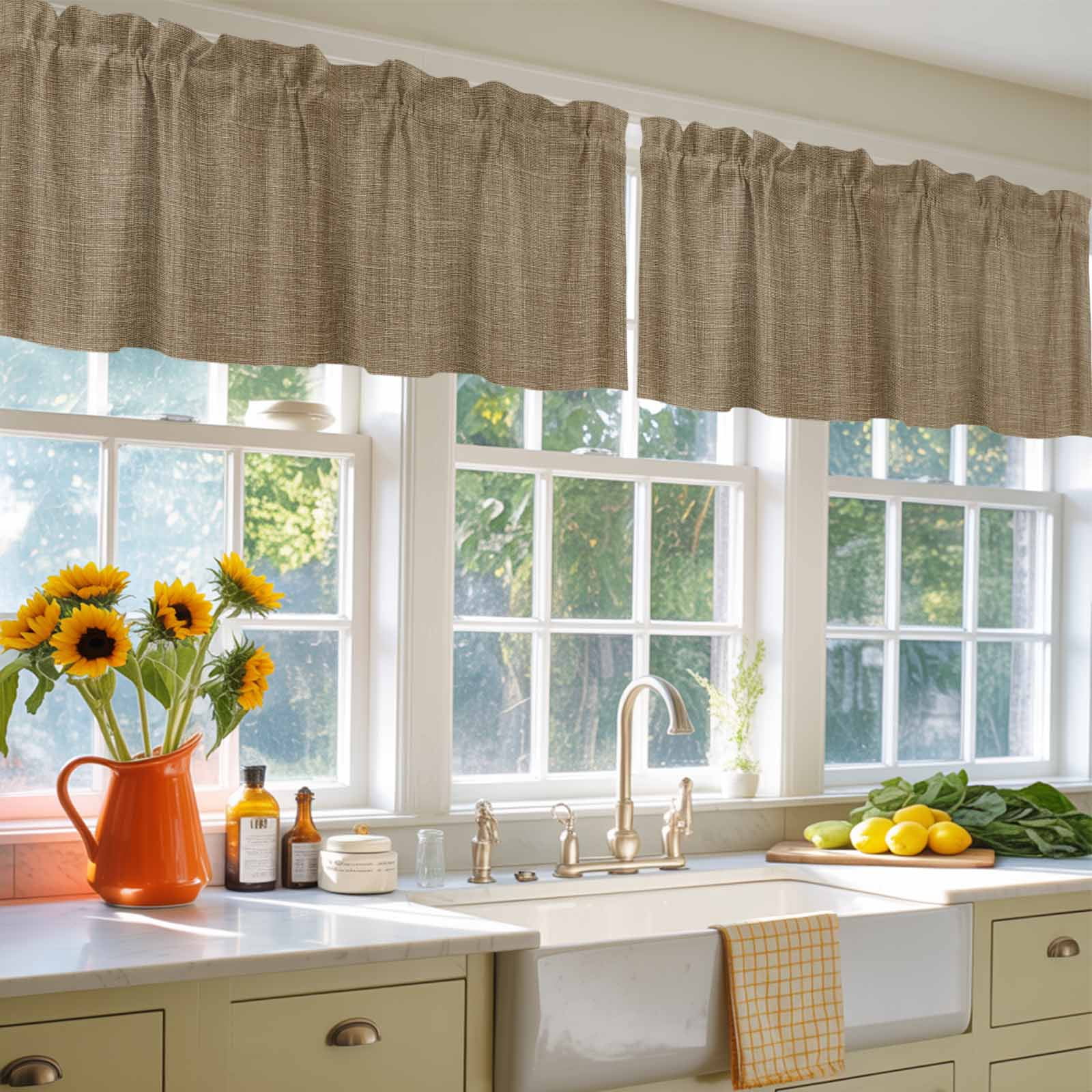 Brown Linen Window Valance, Farmhouse Pure Color 2 Pack Decorative Curtain for Small Windows, Light Filtering Valance with 3” Rod Pocket, 42"W x 12"L