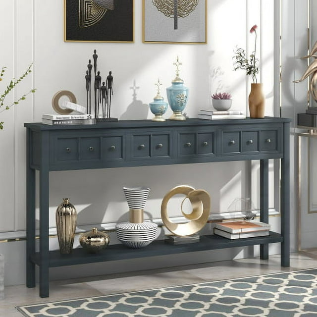 60" Solid Wood Console Table Sofa Table with 4 Drawers and 1 Bottom Shelf for Entryway Hallway Foyer Sofa , Antique Blue