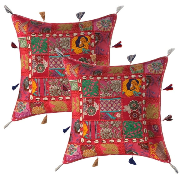 Stylo Culture Indian Sofa Throw Pillow Covers 17x17 Pink Embroidered Patchwork Cowry Sea Shell Tassels Bohemian 43 x 43 cm Lounge Decor Cotton Floral Square Cushion Covers | Set Of 2