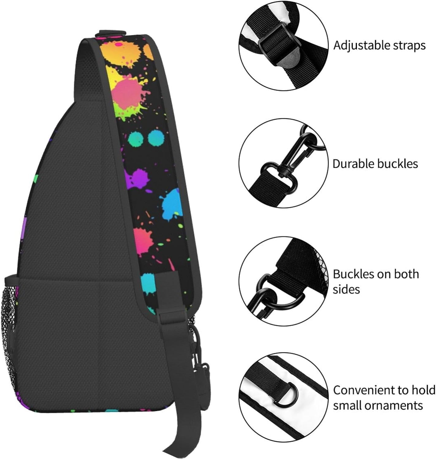 Glow in Dark Splatter Neon Rainbow Pattern Sling Bag Crossbody Hiking Travel Chest Bags Backpack Shoulder Daypack for Women Men