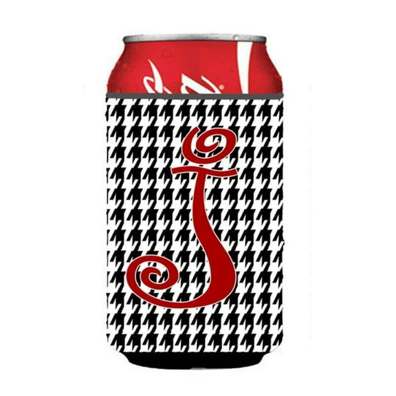 Letter J Initial Monogram - Houndstooth Black Can Or Bottle  Hugger