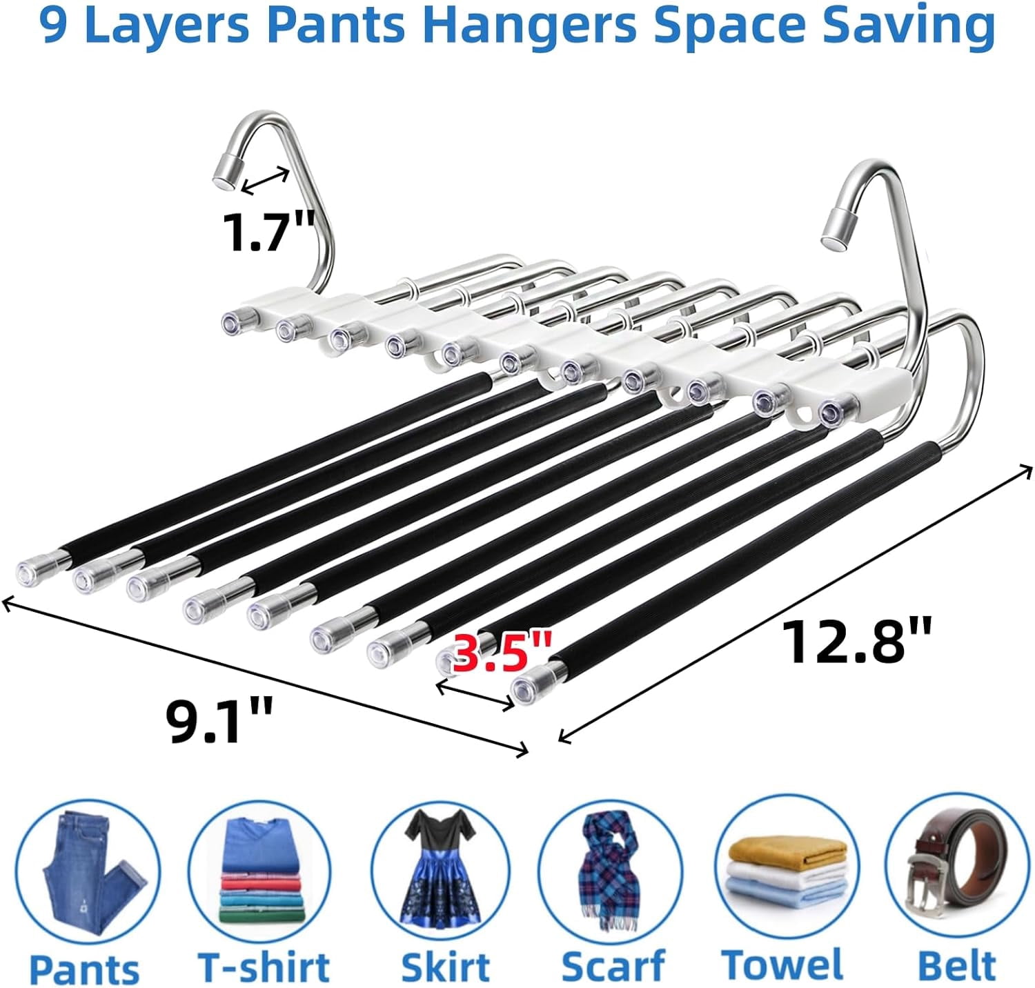 4 Pack Pants Hangers Space Saving 9 Layers, Non-Slip Closet Storage Organizers, Stainless Steel Jean Clothes Hanger Pants Rack for Trousers Scarf Leggings Skirts, Dorm Room Apartment Essentials