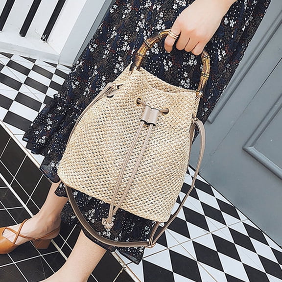 FOLOYORI 1Pcs Bucket Purses Khaki Woven Pouch For Women Shopping Date