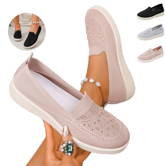 Mfakffe Womens Knit Slip On Flat Shoes Breathable Mesh Non Slip Sneakers Lightweight Casual Low Top Daily Walking Shoes