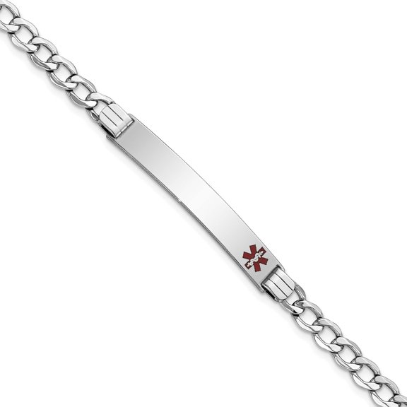 14K White Gold Wg Semi-Solid Medical Polished Red Enamel Curb Id Bracelet (7 X 6) Made In United States xm593frw-7