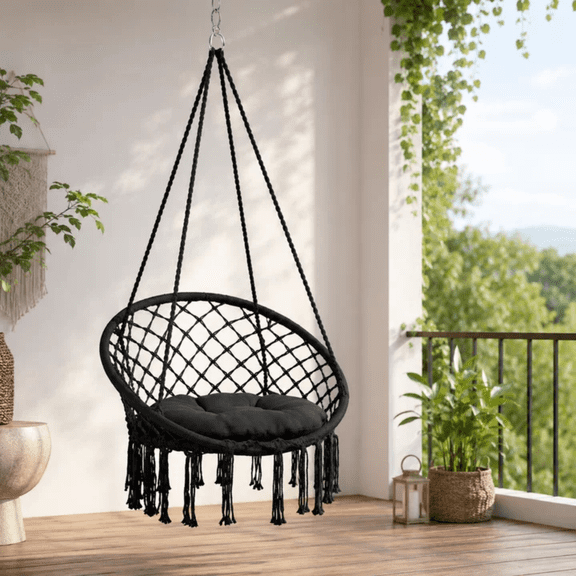 Hammock Swing Chair with Thick Cushion,Portable Hanging Chair,350lbs Capacity, Relax Hanging Rope Swing Chair for Bedroom, Balcony, Garden