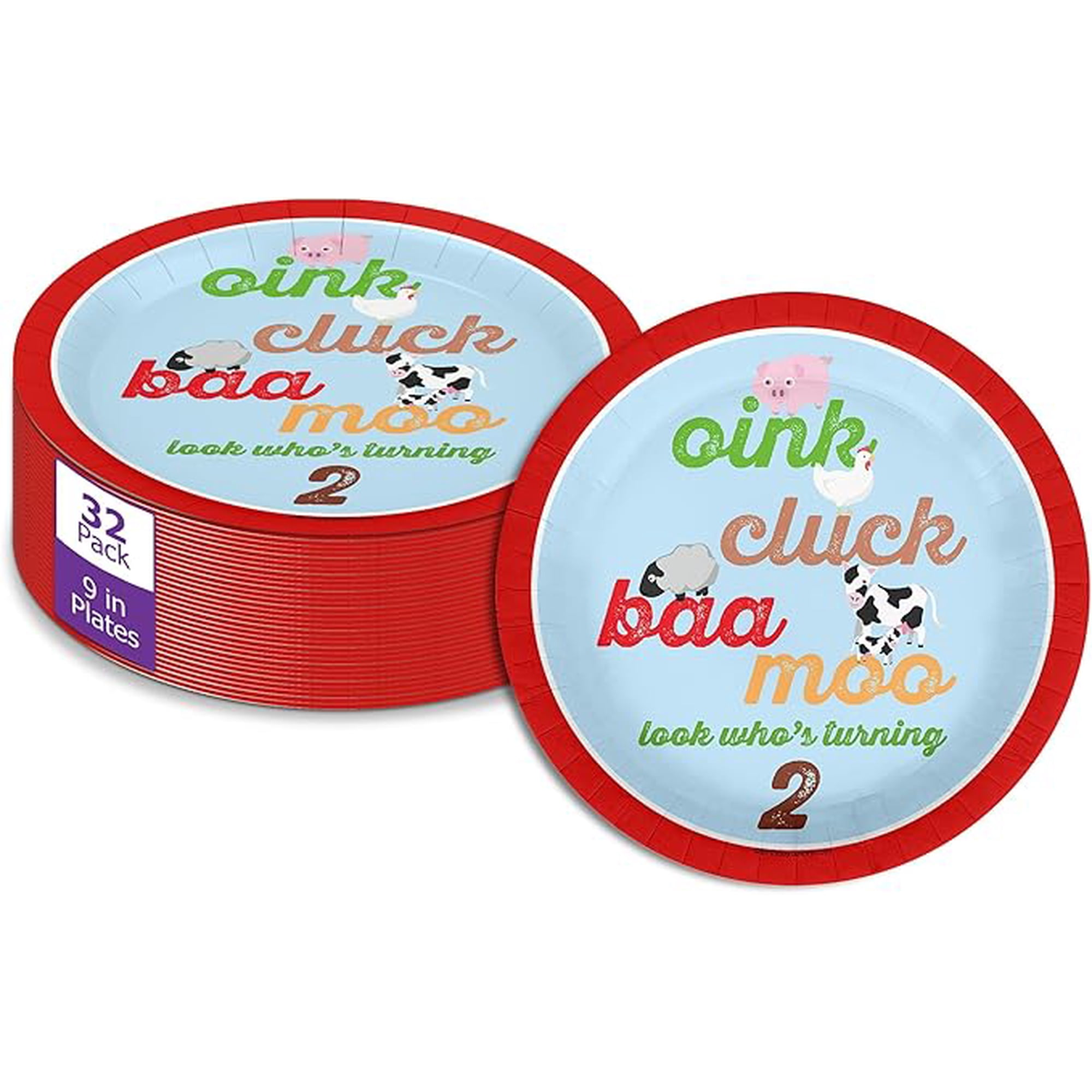 Farm Animals Boy's Second Birthday - 32 Piece Disposable Party Supplies - Decorations for Barnyard Animals 2nd Birthday Round Party Plates - Large 9" Paper Plates In Bulk