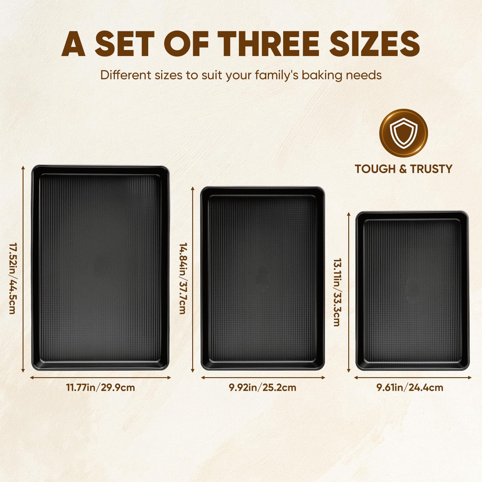 Nonstick Baking Sheet Pan Set Of 3  Heavy Duty Cookie Sheets For Oven With Stripe Texture Pattern 0.6mm Thick Quarter/half/jelly Roll Pans Rust-resistant & Easy Clean (black)