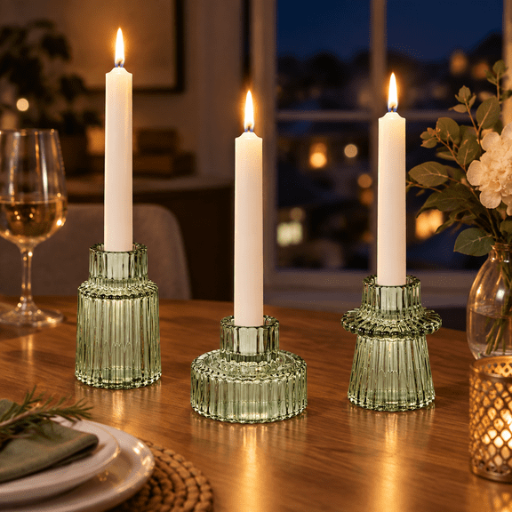 3 Piece Green Set Taper Candle Holders, Ribbed Glass Votive Candle Holders for 0.75 to 2.2 Inch Candles, for Wedding Centerpieces and Dinner Tables