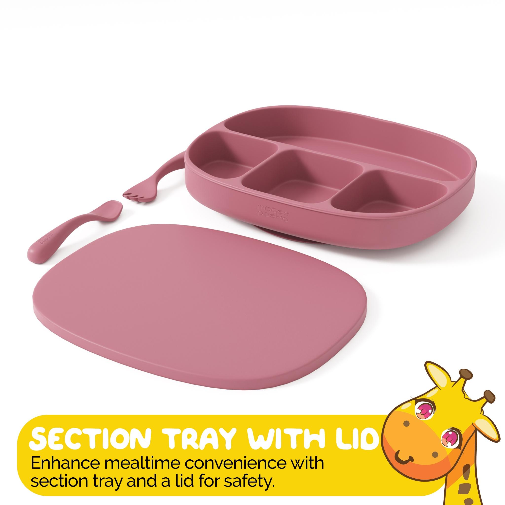 Baby Essentials Set with Food Tray and Baby Utensils by Muqee Peeko in Pink Color - (3 Piece Set)